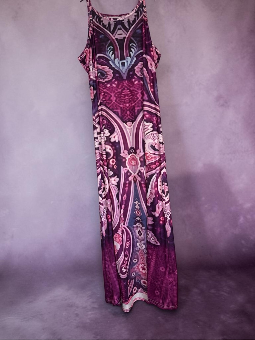 PLUS SIZE Women's Purple Patterned Maxi Dress - Sleeveless Flowing Design XXL